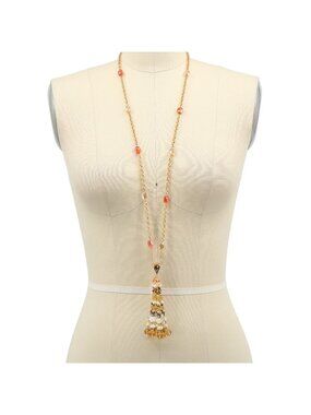 Jay Strongwater Gold Tone Pink & Golden Crystals Tassel Long Toggle Necklace